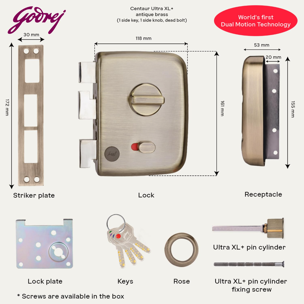 Godrej Rim Lock I Centaur Rim Lock I1st Dual Motion Lock | Ultra XL plus   Technology |4Keys I 1CK Dead Bolt Lock I for Inside or Outside Opening Door for Main  and   Safety Door I Antique Brass Finish